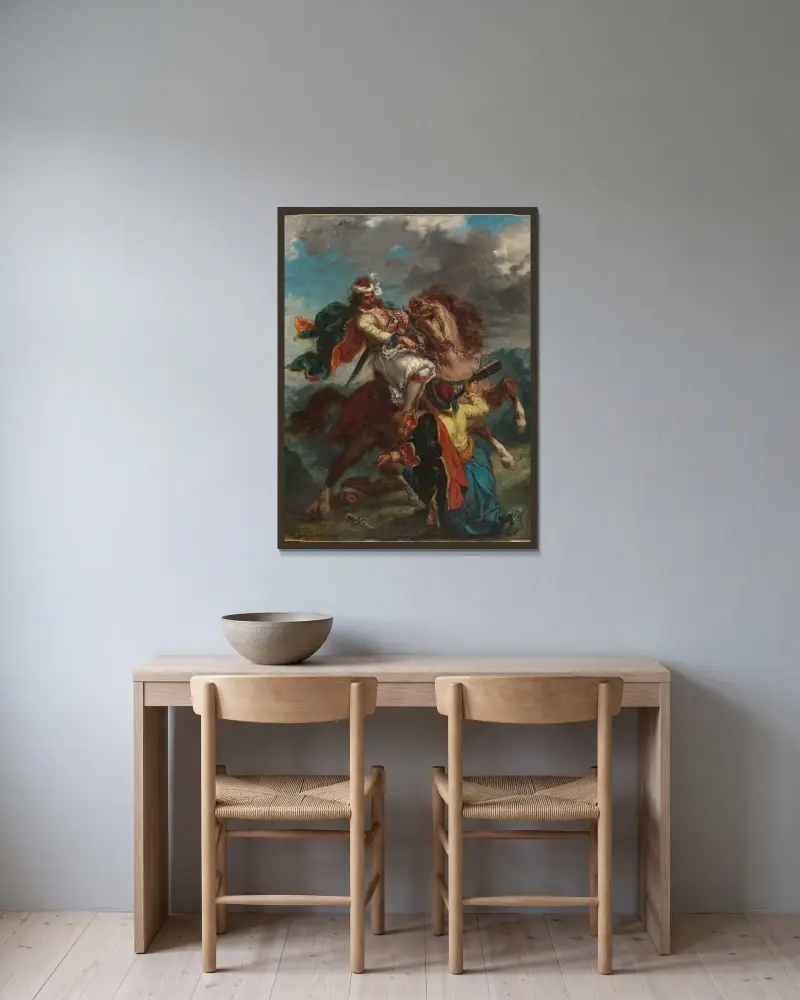 En turk kapitulerar för en grekisk ryttare av Eugène Delacroix inramad på en vägg