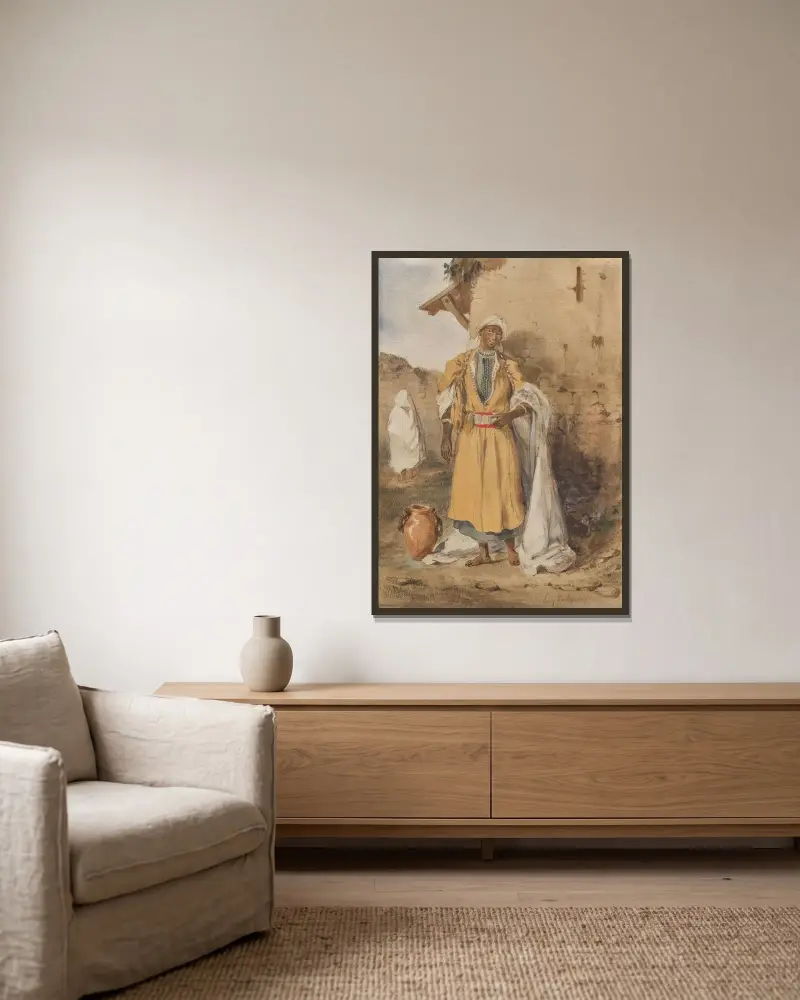 Ung svart kvinna som hämtar vatten av Eugène Delacroix inramad på en vägg