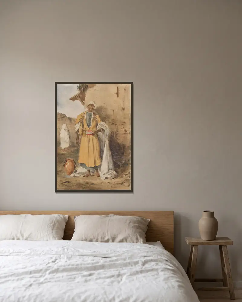 Ung svart kvinna som hämtar vatten av Eugène Delacroix inramad på en vägg