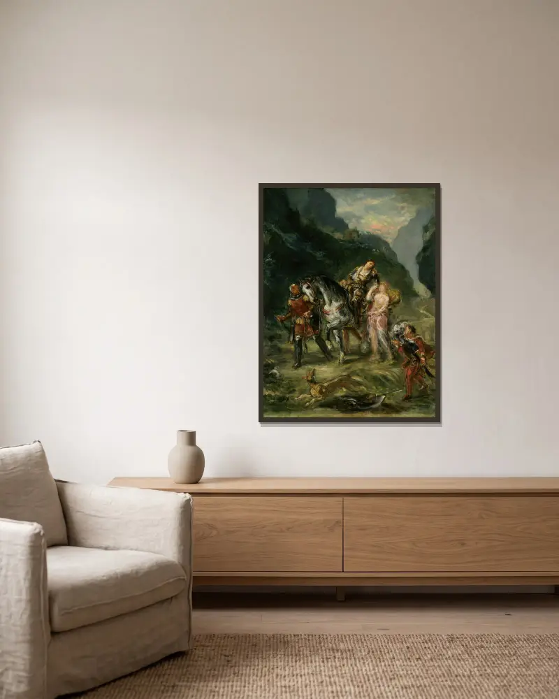Angelica och den sårade Medoro av Eugène Delacroix inramad på en vägg