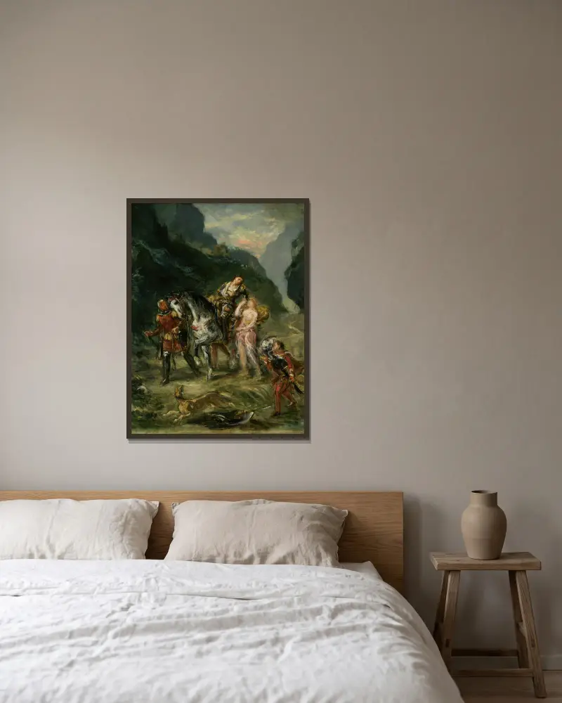 Angelica och den sårade Medoro av Eugène Delacroix inramad på en vägg
