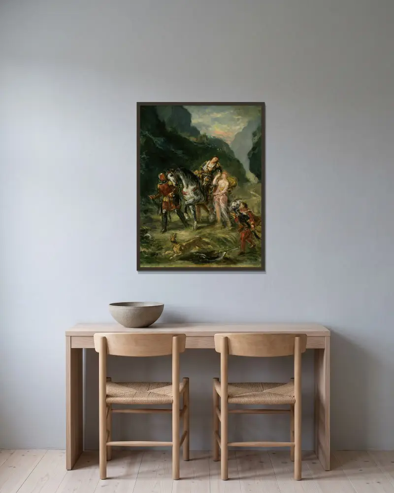 Angelica och den sårade Medoro av Eugène Delacroix inramad på en vägg