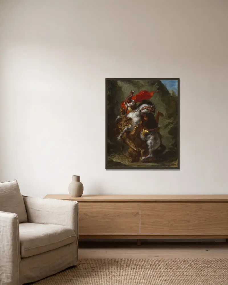 Arabisk ryttare angripen av ett lejon av Eugène Delacroix inramad på en vägg