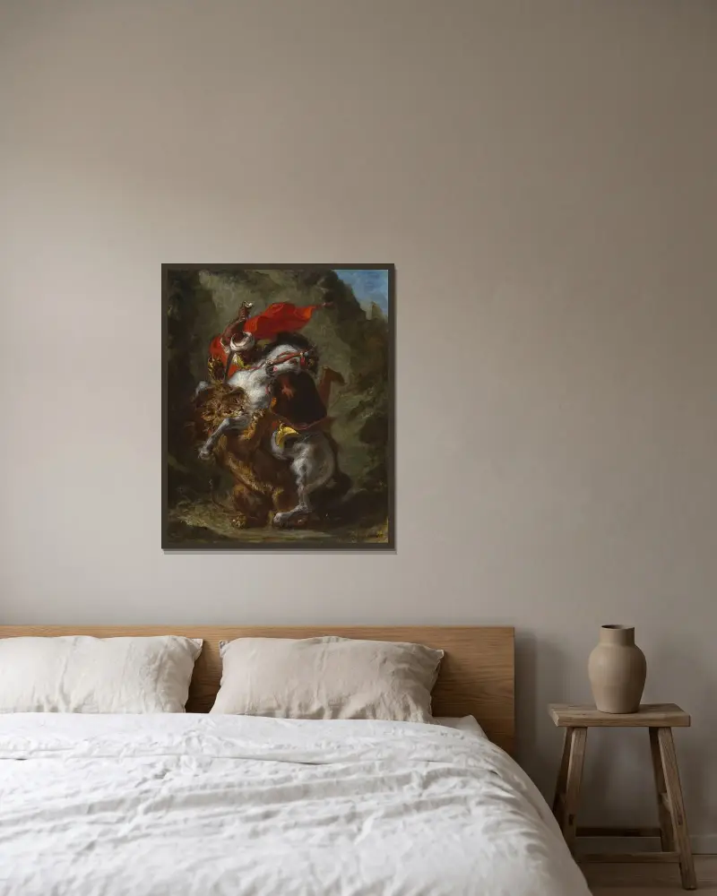 Arabisk ryttare angripen av ett lejon av Eugène Delacroix inramad på en vägg