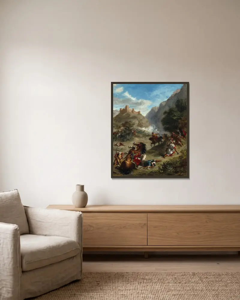 Araber in einem Gefecht in den Bergen von Eugène Delacroix gerahmt an einer Wand