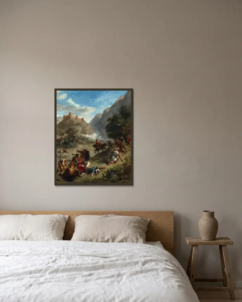 Araber in einem Gefecht in den Bergen von Eugène Delacroix gerahmt an einer Wand