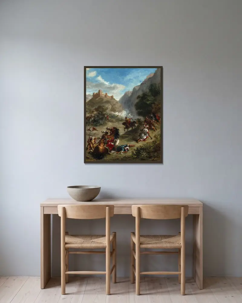 Araber in einem Gefecht in den Bergen von Eugène Delacroix gerahmt an einer Wand