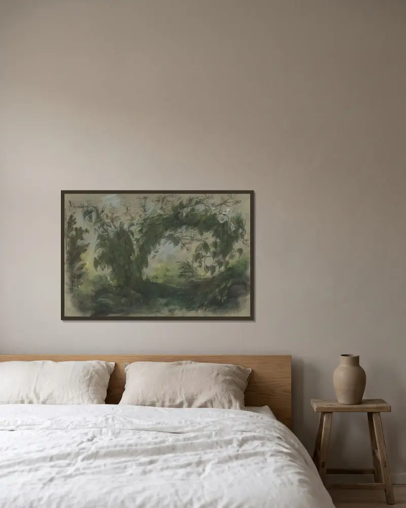 Båge av blomman för dagen, studie till En blomsterkorg av Eugène Delacroix inramad på en vägg