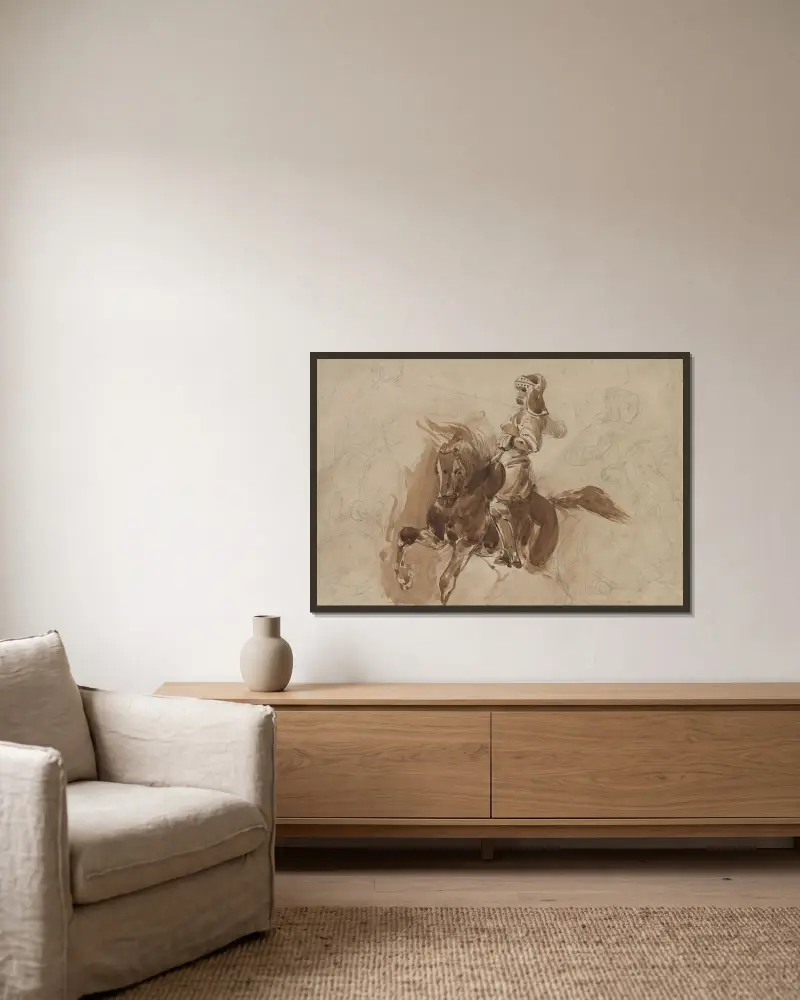 Rustad figur till häst av Eugène Delacroix inramad på en vägg