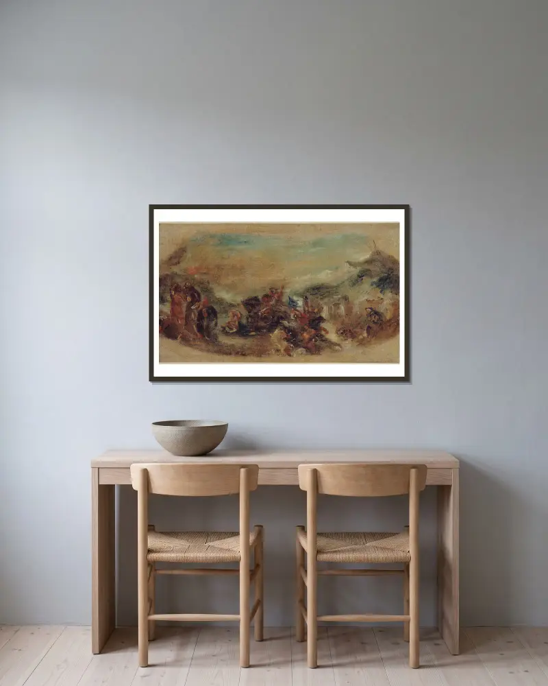 Attila följd av sina barbariska horder trampar Italien och konsten under fötterna av Eugène Delacroix inramad på en vägg
