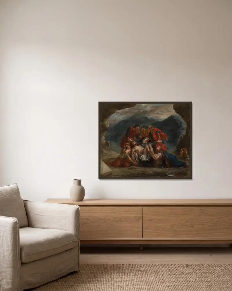 Beweinung Christi av Eugène Delacroix inramad på en vägg
