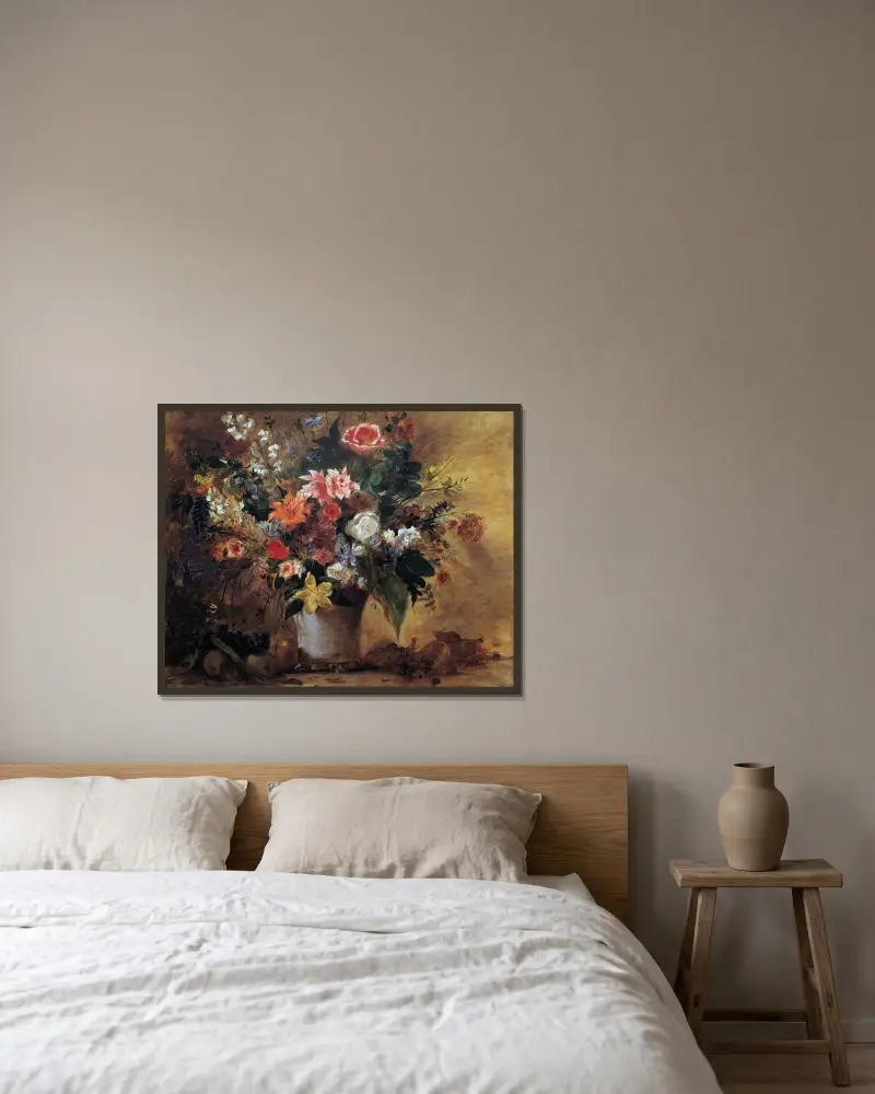 Blumenstillleben av Eugène Delacroix inramad på en vägg
