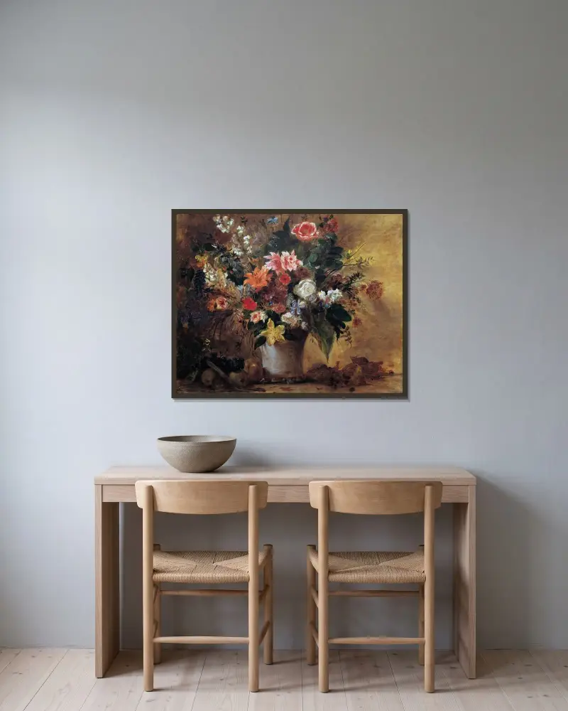 Blumenstillleben av Eugène Delacroix inramad på en vägg