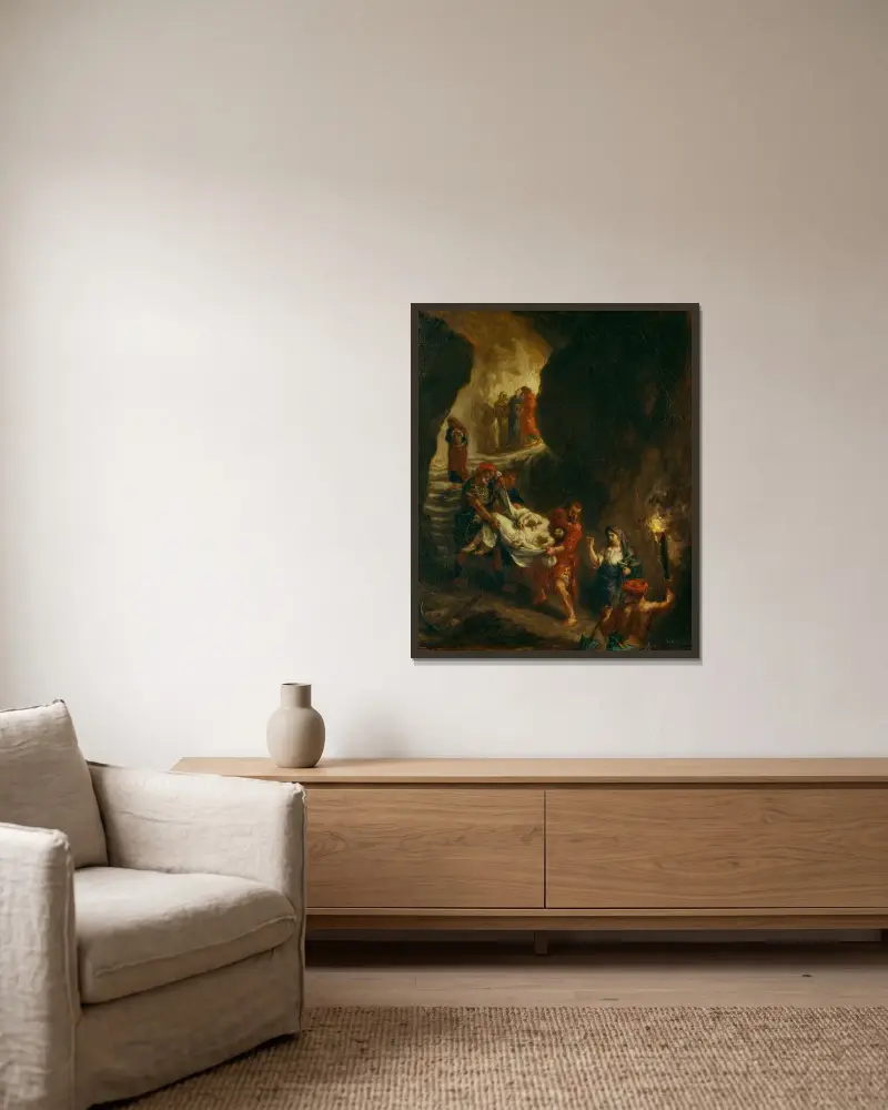 Kristus bärs ned till graven av Eugène Delacroix inramad på en vägg