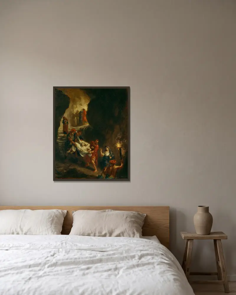 Kristus bärs ned till graven av Eugène Delacroix inramad på en vägg