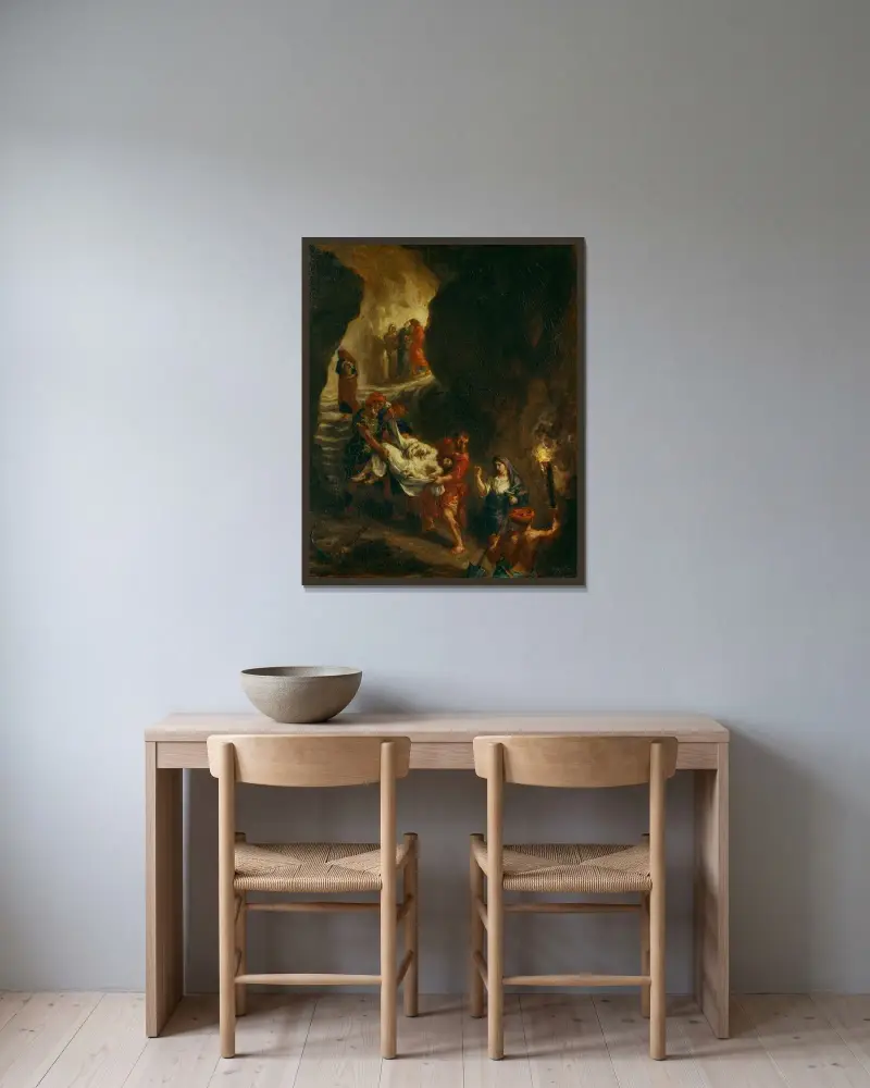Kristus bärs ned till graven av Eugène Delacroix inramad på en vägg