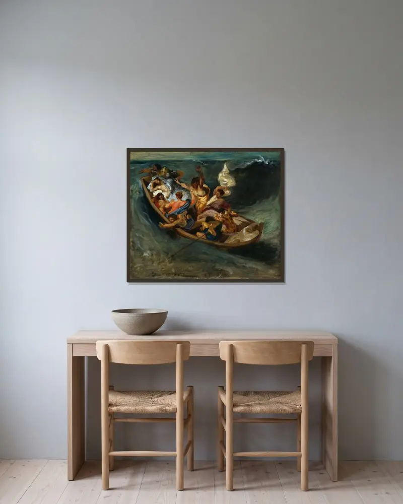 Christus auf dem See Genezareth von Eugène Delacroix gerahmt an einer Wand