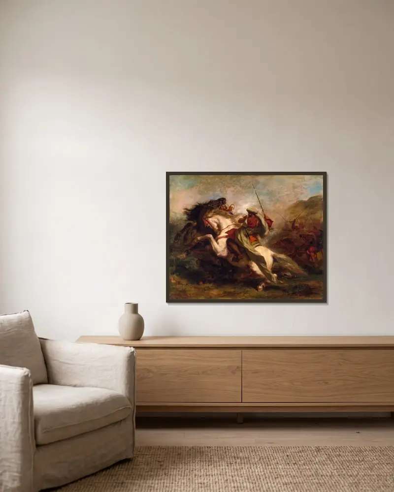Moriska ryttares sammanstötning av Eugène Delacroix inramad på en vägg