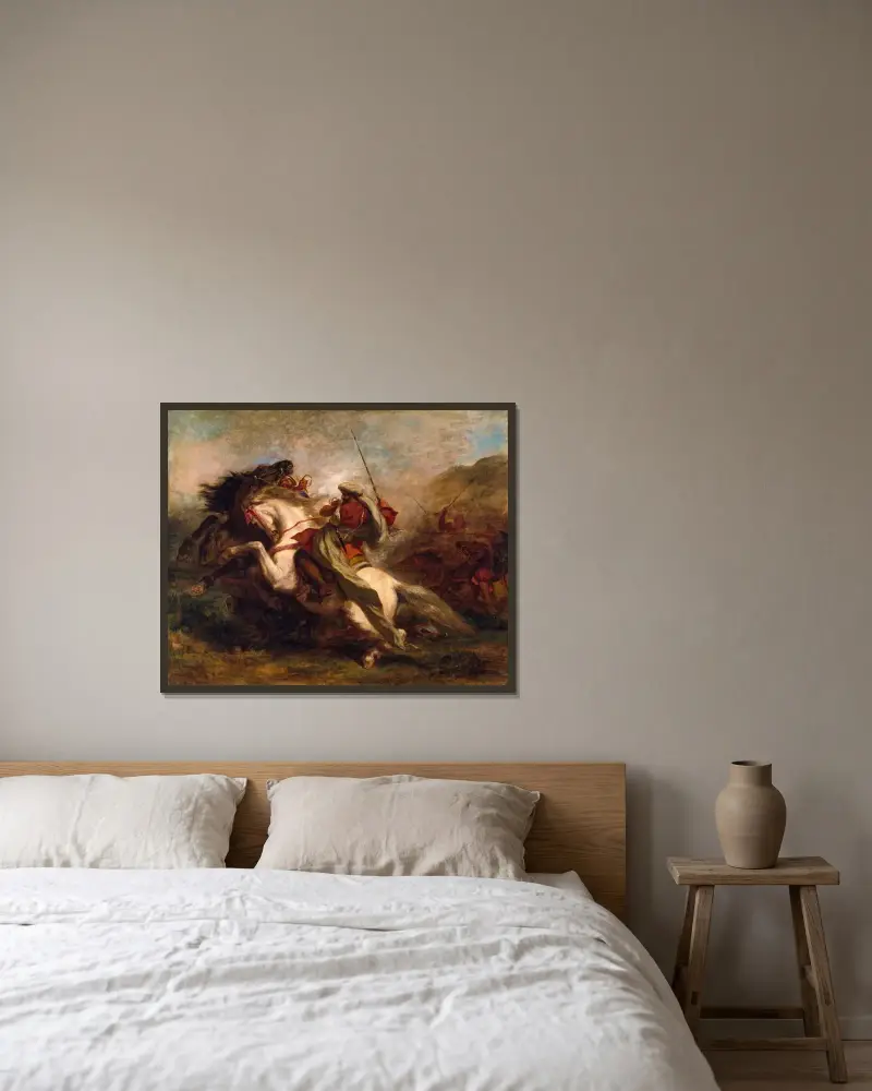 Moriska ryttares sammanstötning av Eugène Delacroix inramad på en vägg