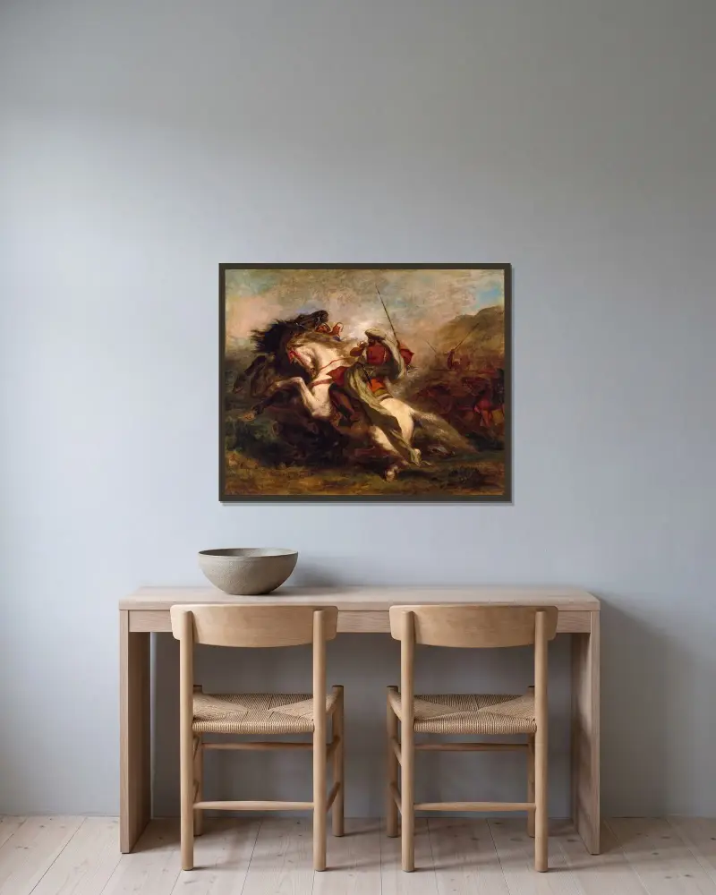Moriska ryttares sammanstötning av Eugène Delacroix inramad på en vägg