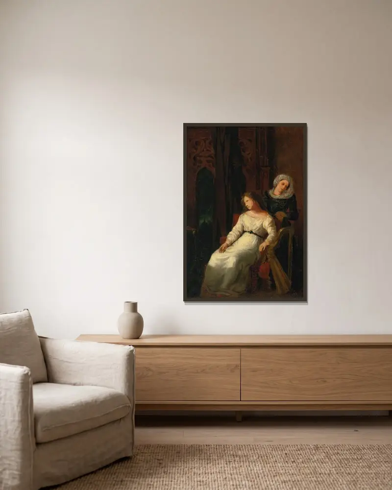 Desdemona and Emilia av Eugène Delacroix inramad på en vägg