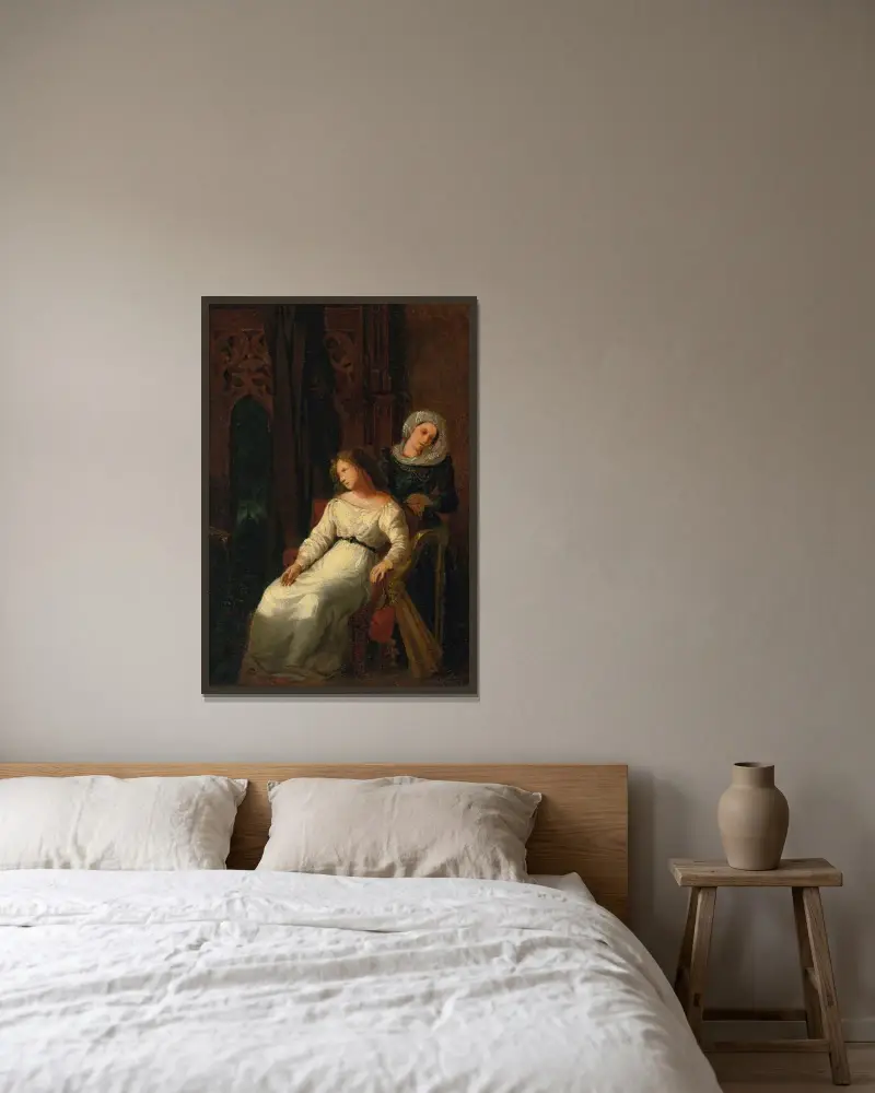 Desdemona and Emilia av Eugène Delacroix inramad på en vägg