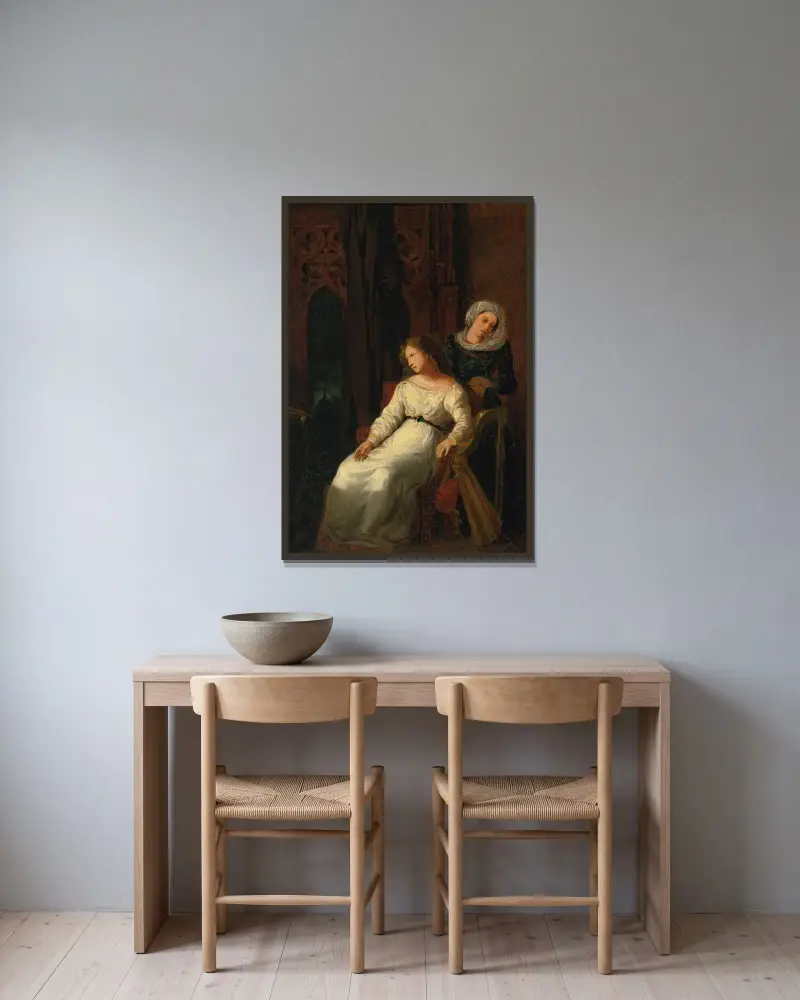 Desdemona and Emilia av Eugène Delacroix inramad på en vägg