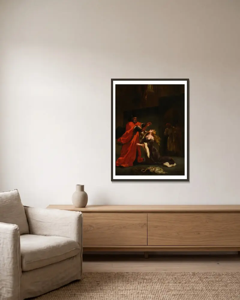 Desdemona förbannad av sin far av Eugène Delacroix inramad på en vägg