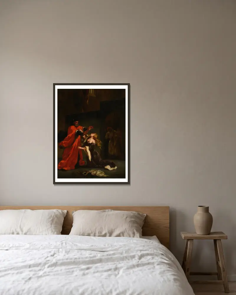 Desdemona förbannad av sin far av Eugène Delacroix inramad på en vägg