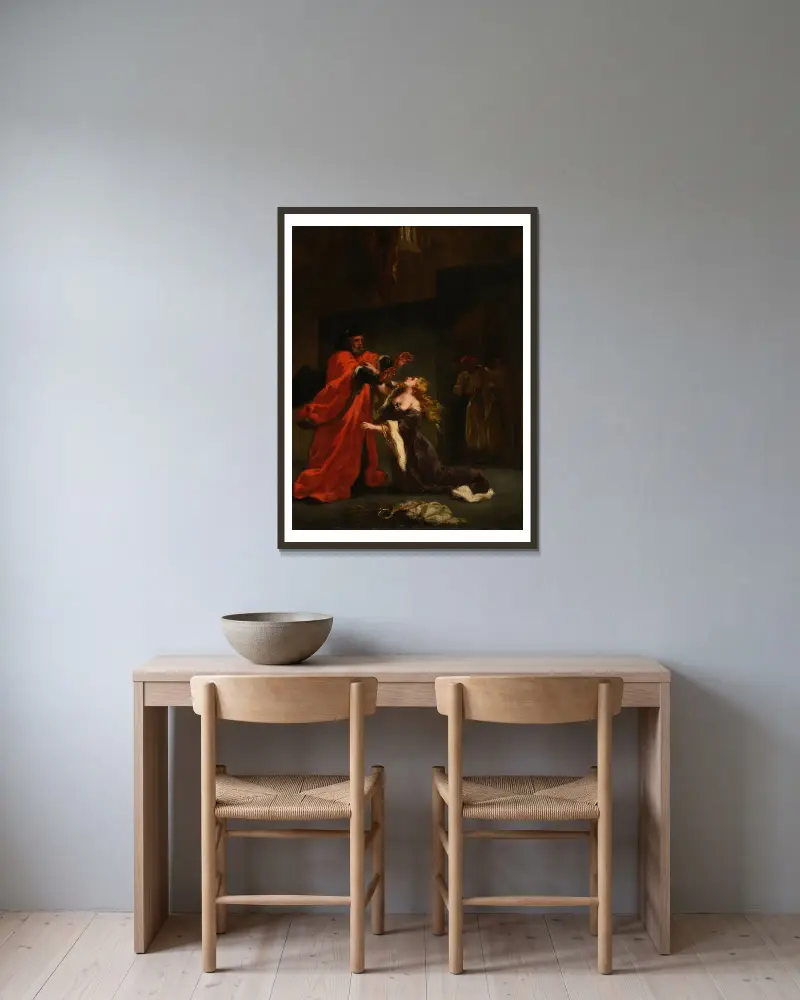 Desdemona förbannad av sin far av Eugène Delacroix inramad på en vägg