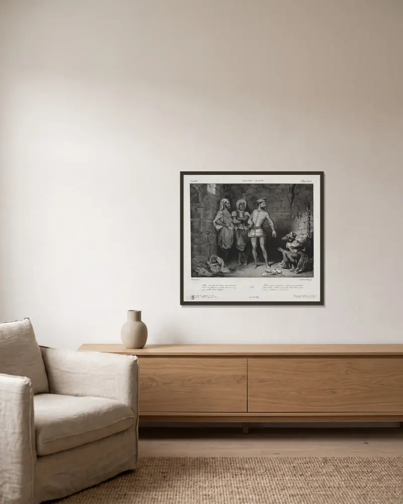 Fronte-Boeuf and the Jew av Eugène Delacroix inramad på en vägg