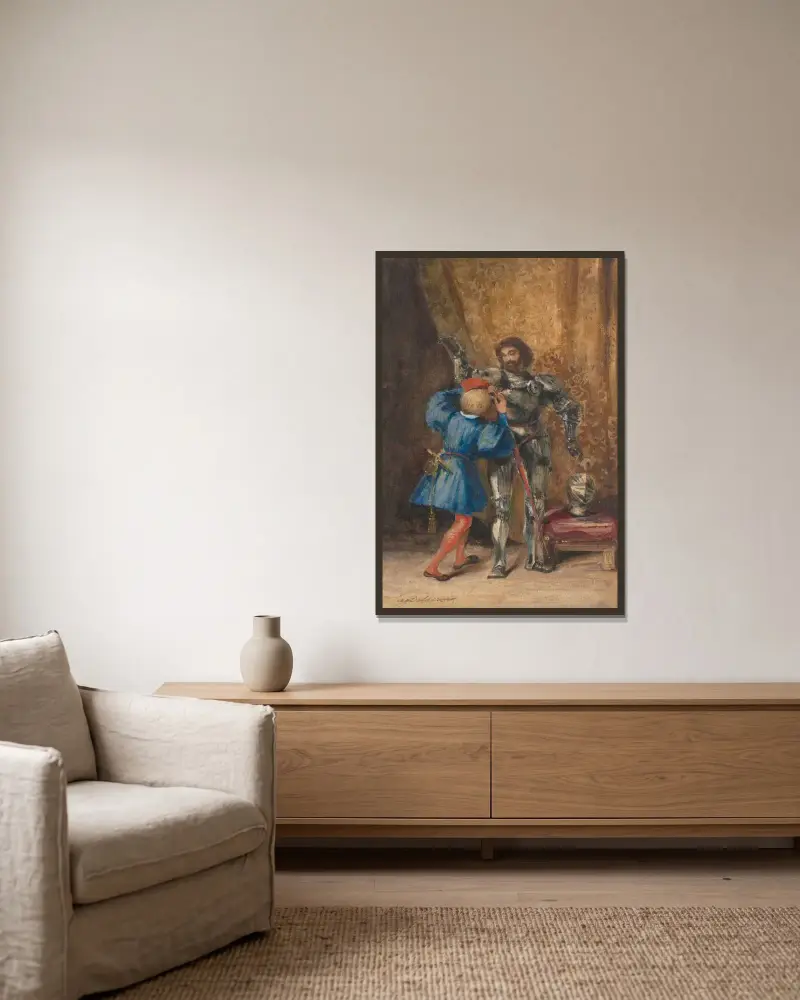 Götz von Berlichingen, von seinem Pagen Georg in Rüstung gekleidet von Eugène Delacroix gerahmt an einer Wand
