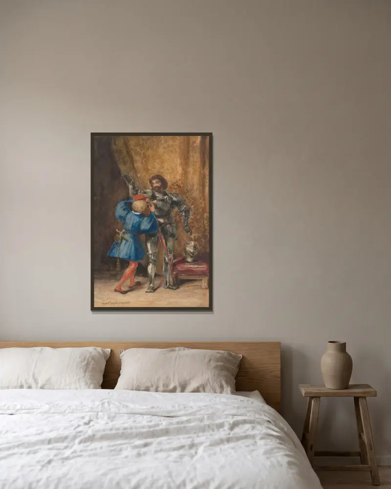 Götz von Berlichingen, von seinem Pagen Georg in Rüstung gekleidet von Eugène Delacroix gerahmt an einer Wand