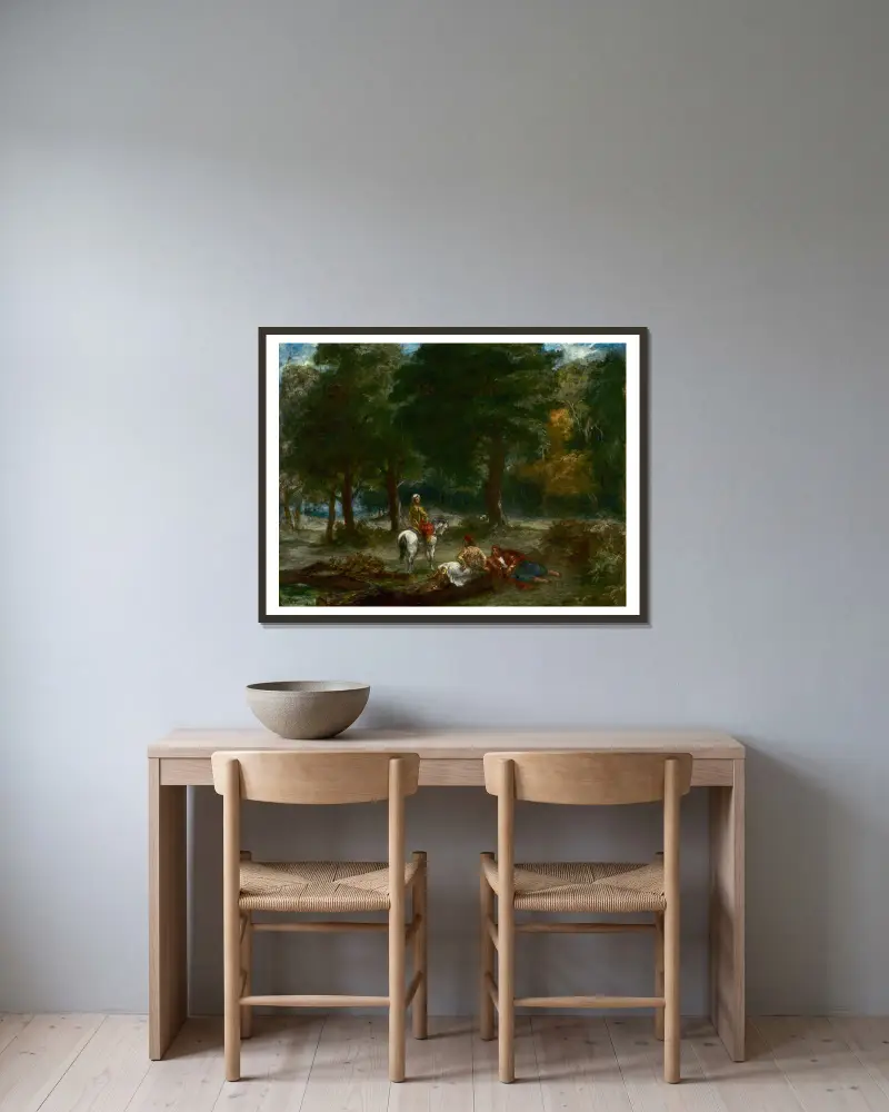 Grekiska kavallerister vilar i skogen av Eugène Delacroix inramad på en vägg
