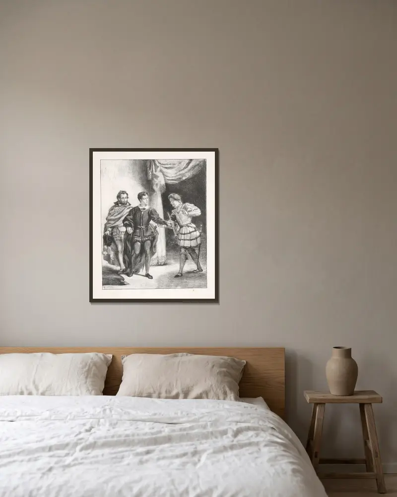 Hamlet und Guildenstern (Akt III, Szene ii) von Eugène Delacroix gerahmt an einer Wand