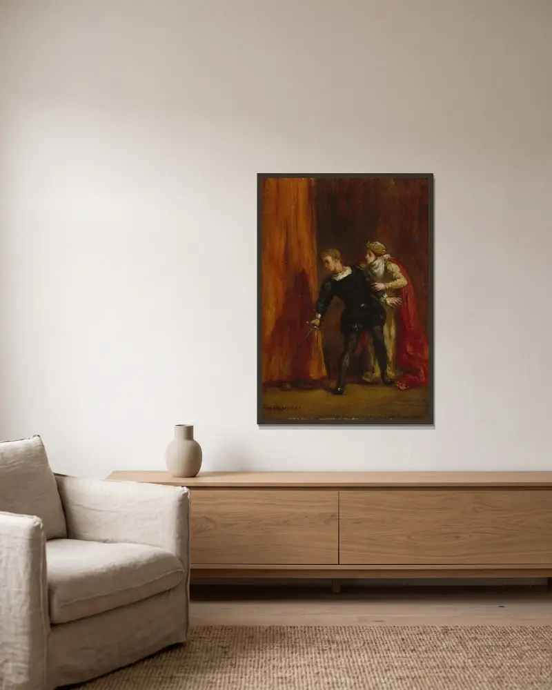 Hamlet and His Mother av Eugène Delacroix inramad på en vägg