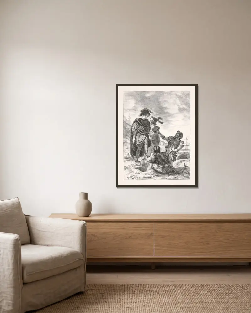 Hamlet och Horatio med dödgrävarna (akt V, scen I) av Eugène Delacroix inramad på en vägg