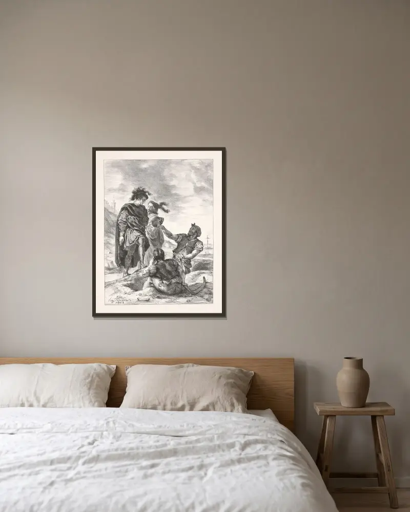 Hamlet och Horatio med dödgrävarna (akt V, scen I) av Eugène Delacroix inramad på en vägg