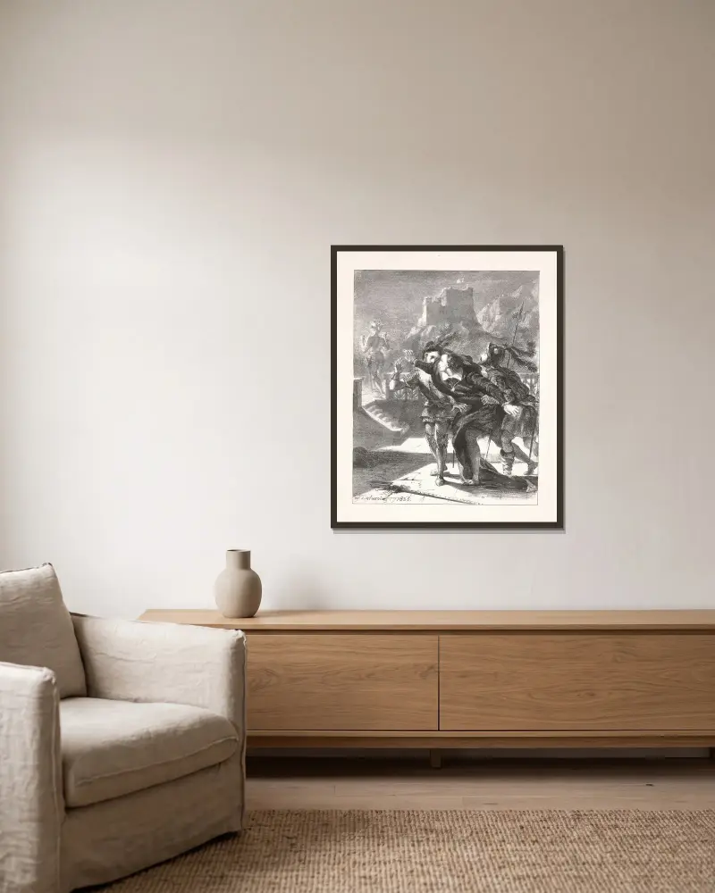 Hamlet will dem Geist seines Vaters folgen (Akt I, Szene IV) von Eugène Delacroix gerahmt an einer Wand
