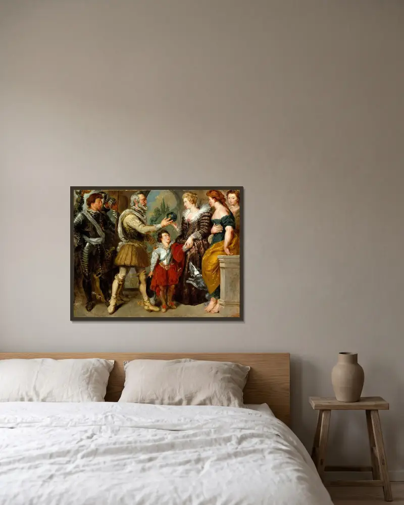 Henrik IV överlämnar regentskapet till Maria av Medici av Eugène Delacroix inramad på en vägg