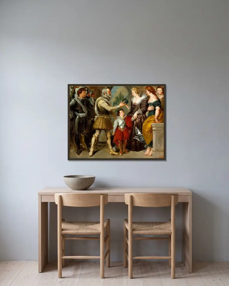Henrik IV överlämnar regentskapet till Maria av Medici av Eugène Delacroix inramad på en vägg