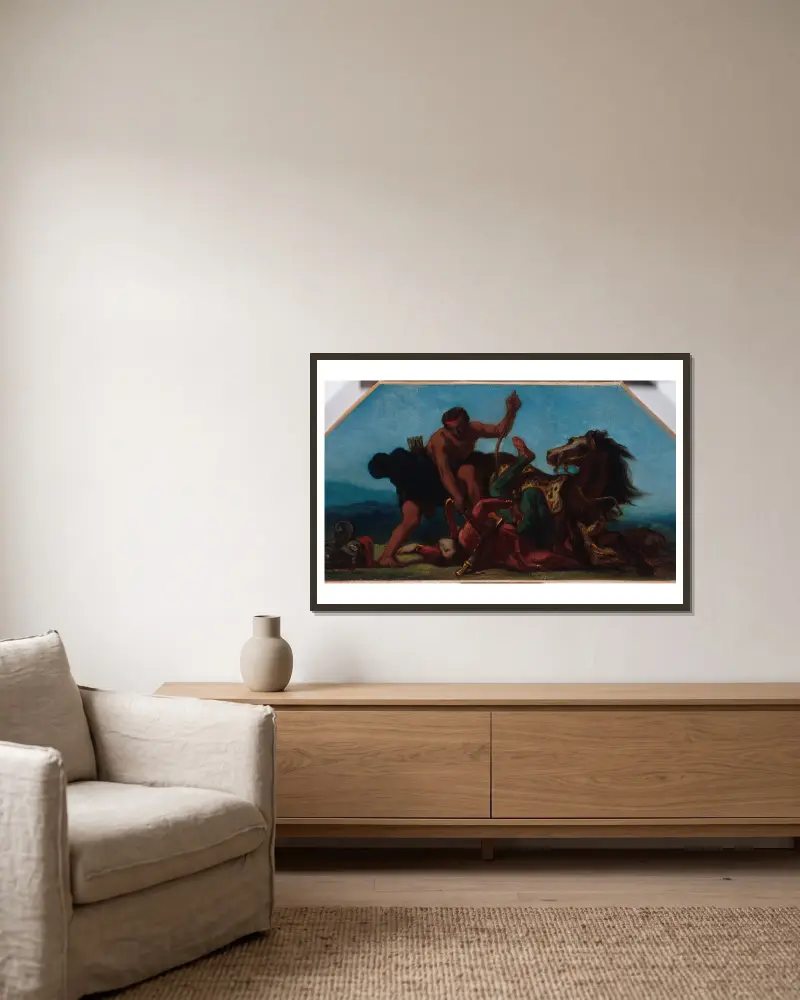 Herkules als Sieger über Hippolyte, Königin der Amazonen von Eugène Delacroix gerahmt an einer Wand