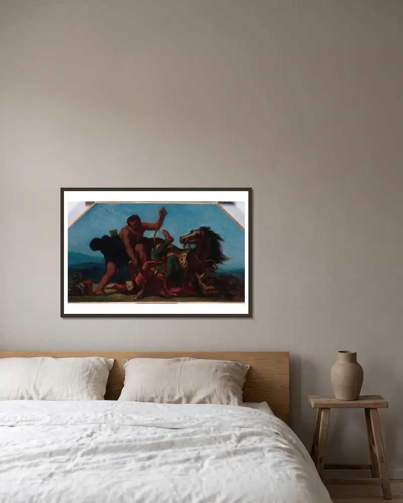 Herkules als Sieger über Hippolyte, Königin der Amazonen von Eugène Delacroix gerahmt an einer Wand
