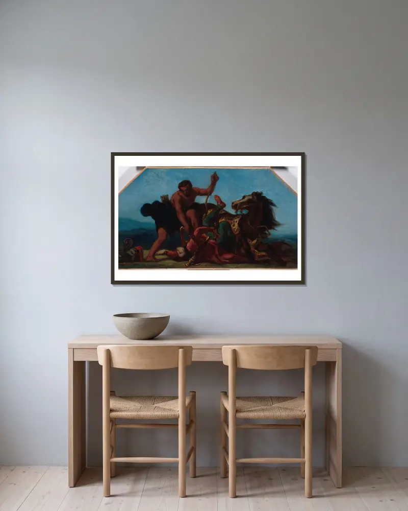 Herkules als Sieger über Hippolyte, Königin der Amazonen von Eugène Delacroix gerahmt an einer Wand
