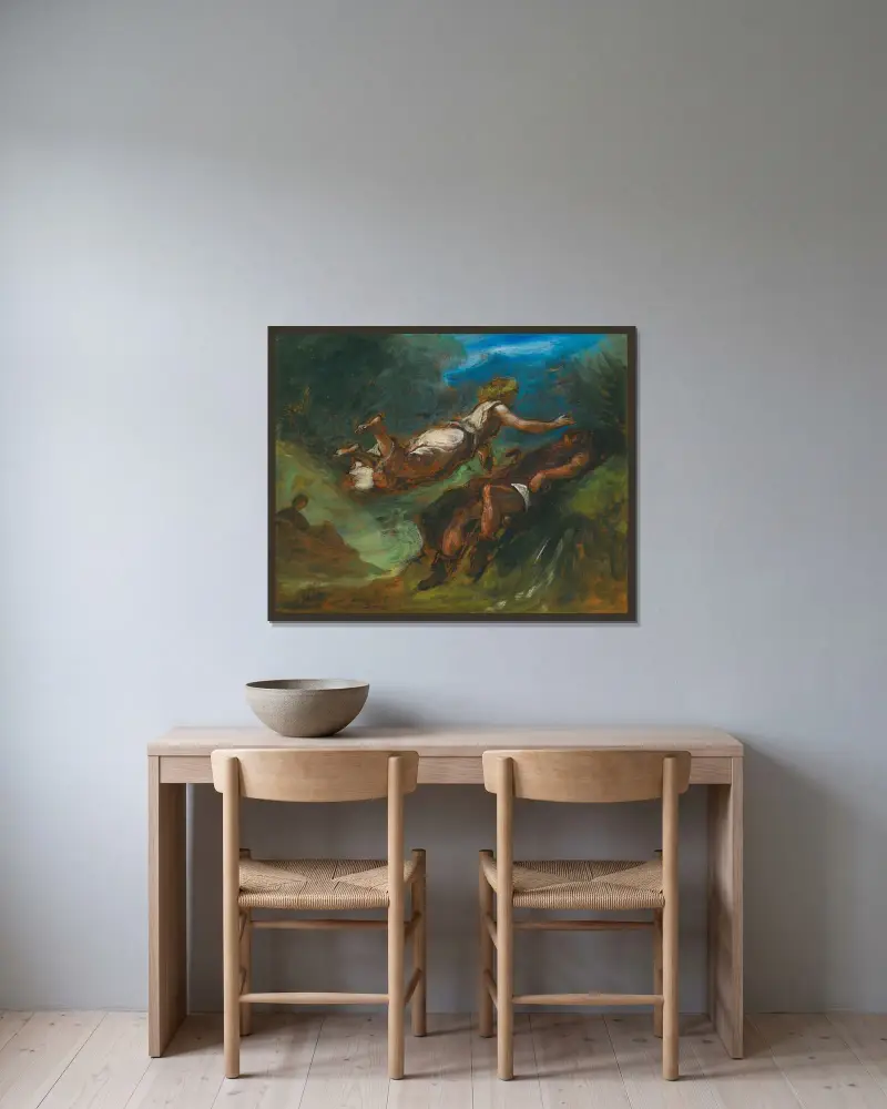 Hésiode Et La Muse av Eugène Delacroix inramad på en vägg