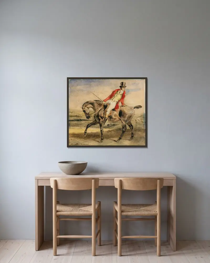Jezdec v červeném kabátci, Eugène Delacroix v rámu na stěně