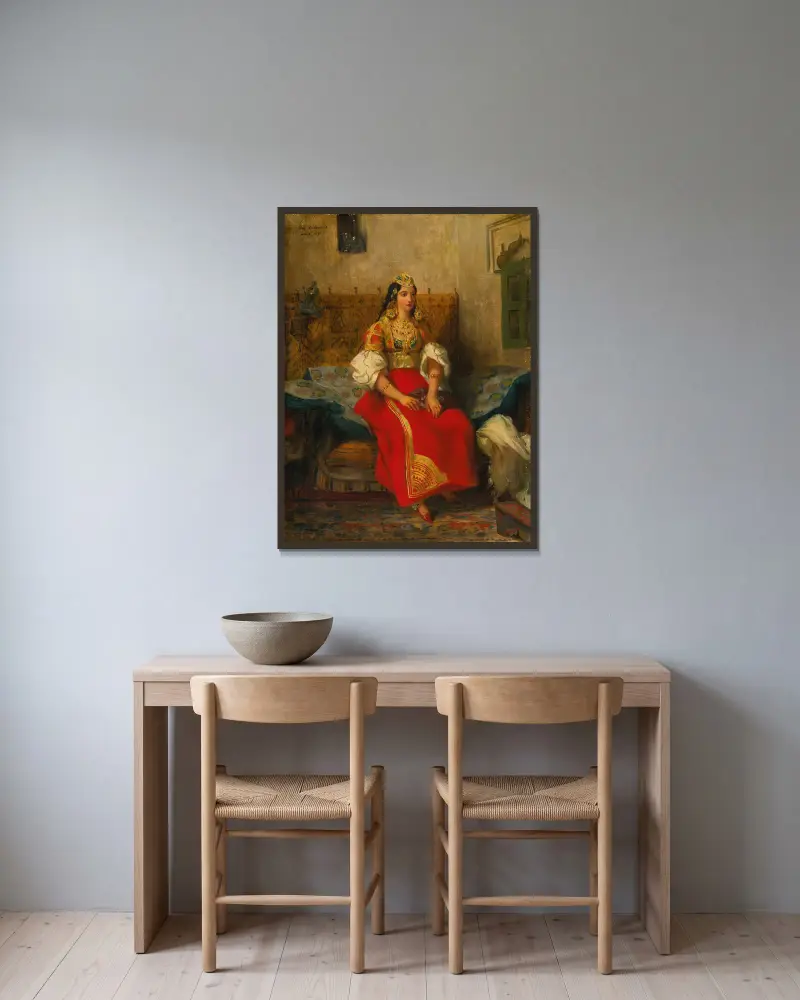 Judisk kvinna från Tanger i hemdräkt av Eugène Delacroix inramad på en vägg