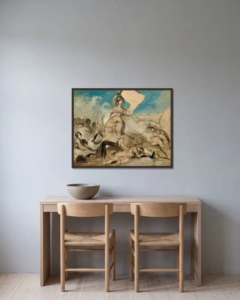 La liberté guidant le peuple av Eugène Delacroix inramad på en vägg