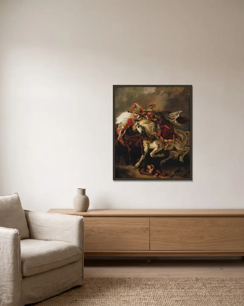 Der Kampf zwischen Giaur und Pascha von Eugène Delacroix gerahmt an einer Wand