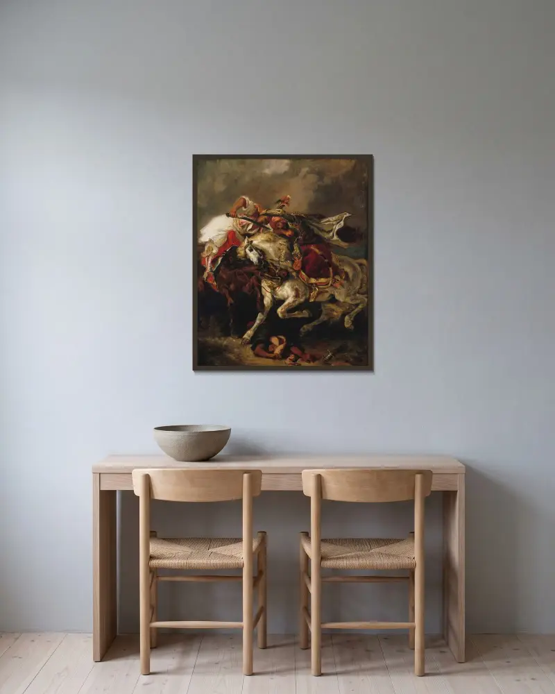 Der Kampf zwischen Giaur und Pascha von Eugène Delacroix gerahmt an einer Wand